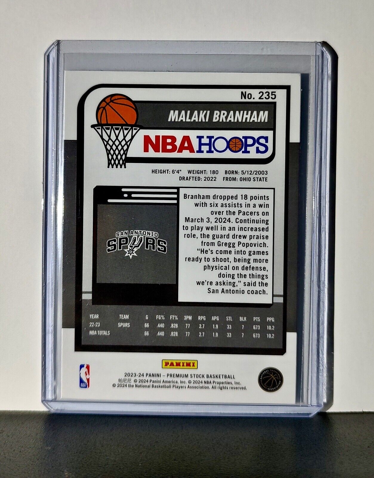 Malaki Branham 2023-24 Panini Premium Stock NBA Hoops #235 Card Spurs
