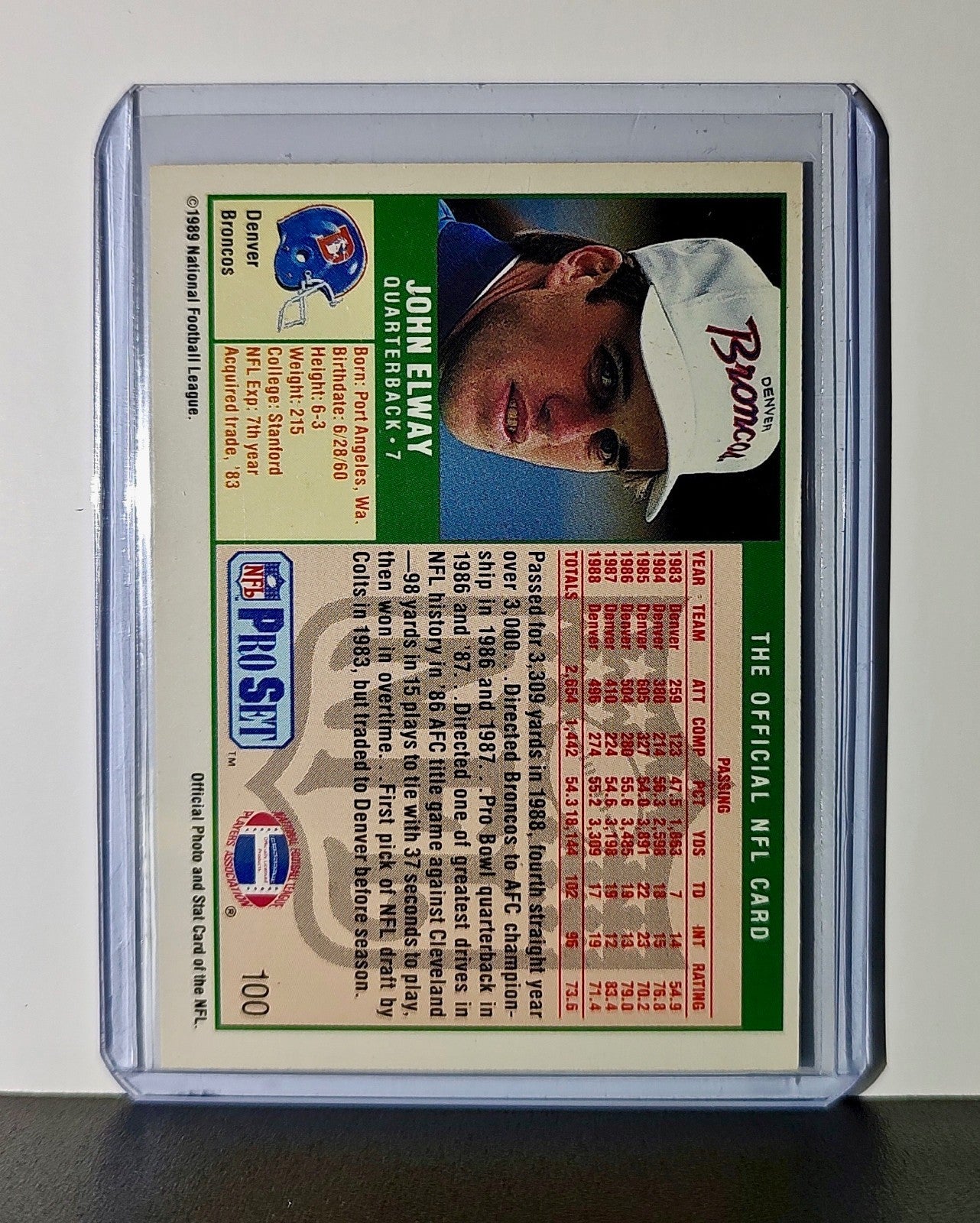 John Elway 1989 Pro Set NFL #100 Card Denver Broncos Acquired trade, '83" error