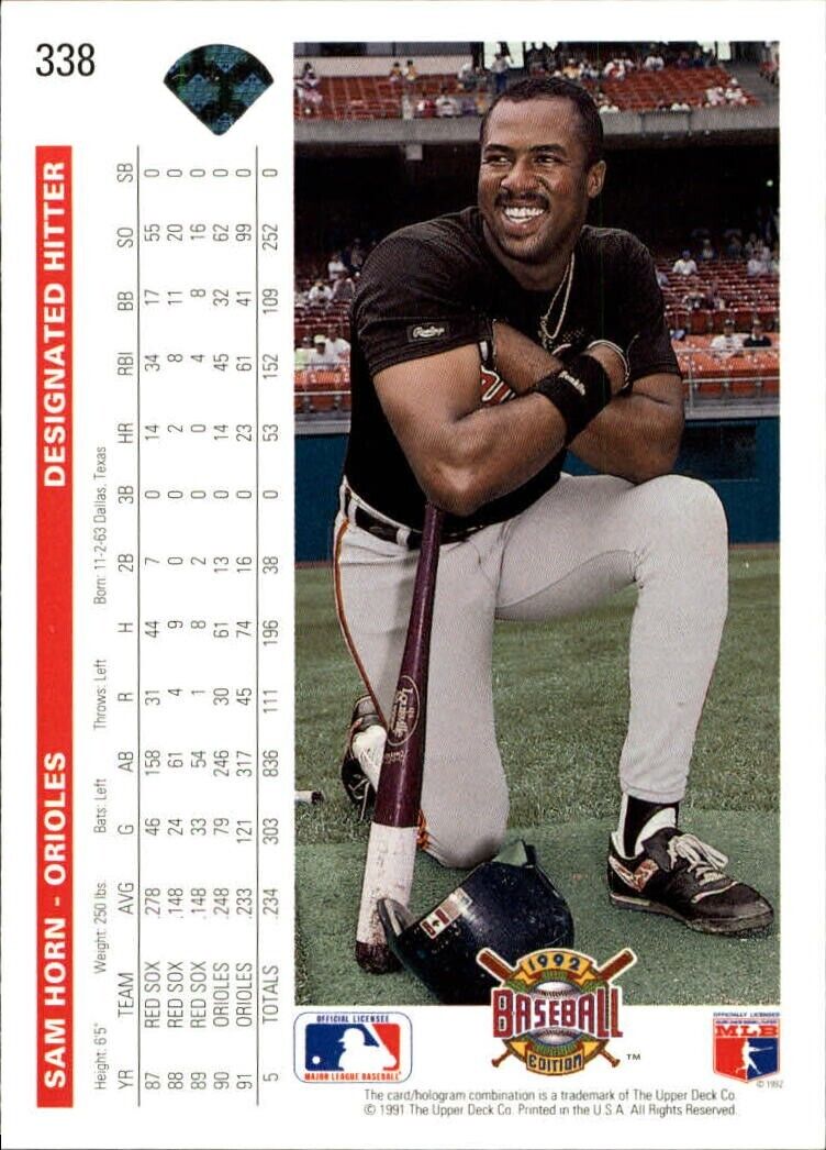 Sam Horn 1992 Upper Deck MLB #338 Baseball Card Baltimore Orioles