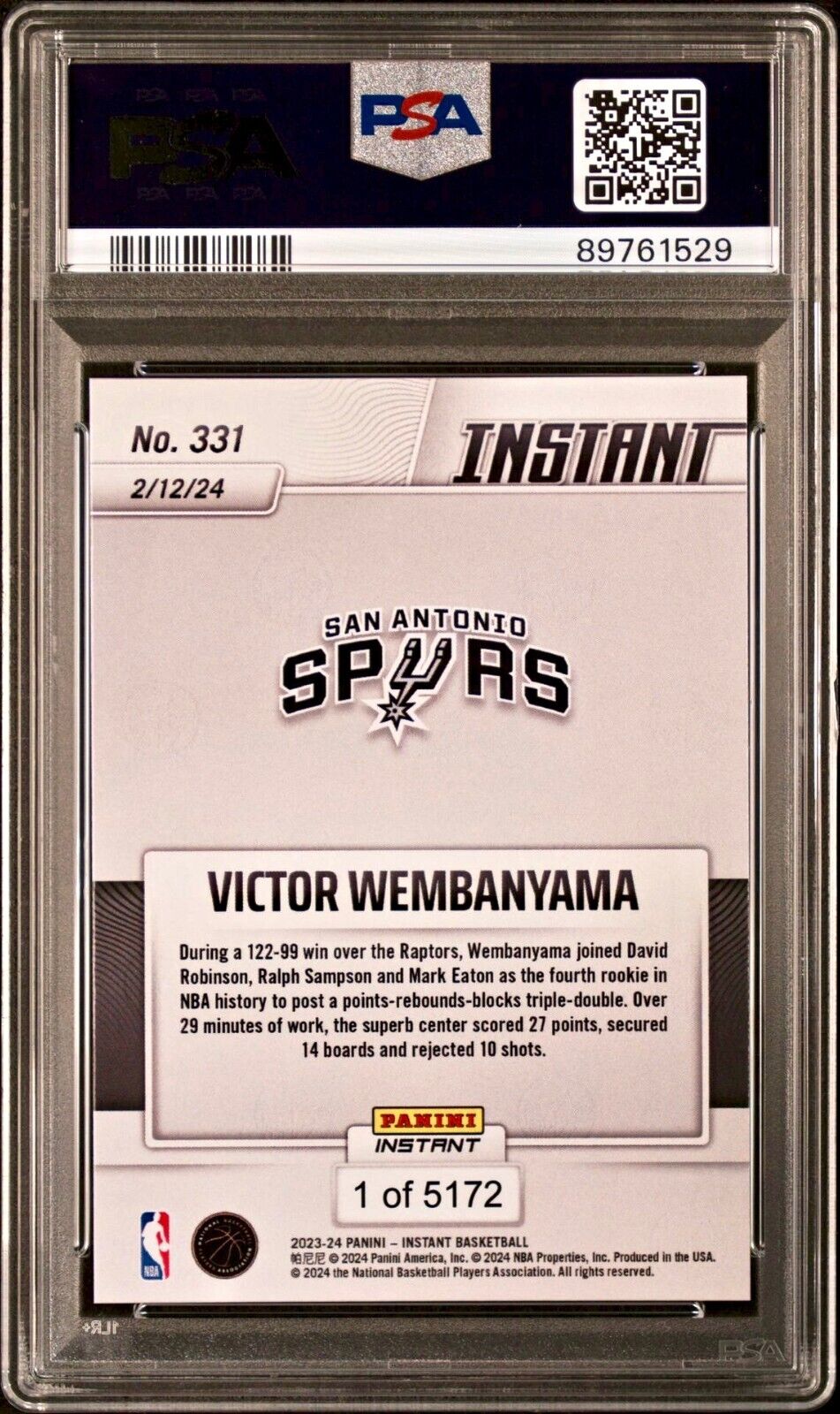 Victor Wembanyama 2023-24 Panini #331 NBA Rookie Card 1 of 5172 PSA 8 NM-MT