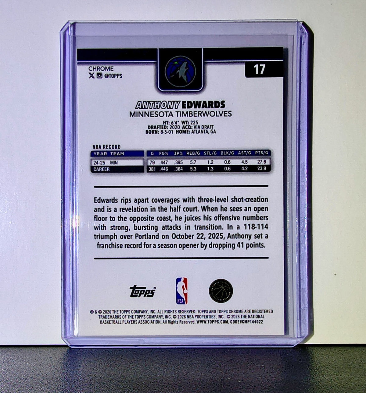 Anthony Edwards 2025-26 NBA Topps Chrome Update #17 Card Minnesota Timberwolves