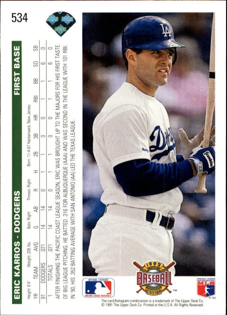 Eric Karros 1992 Upper Deck MLB #534 Baseball Card Los Angeles Dodgers