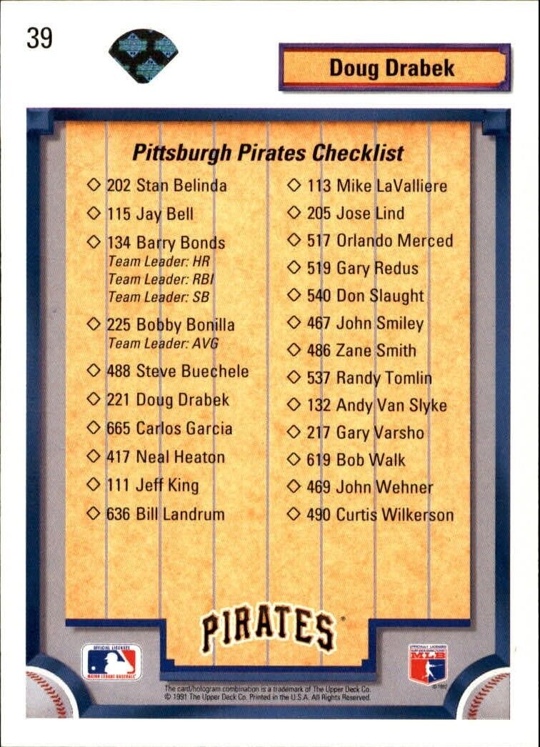 Doug Drabek 1992 Upper Deck MLB #39 Team Checklist Card Pittsburgh Pirates