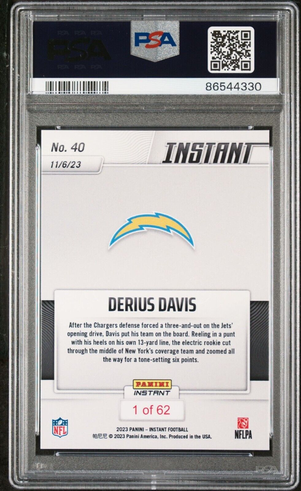 Derius Davis 2023 Panini NFL Rookie #40 Card 1 of 62 Chargers PSA 10 Gem Mint