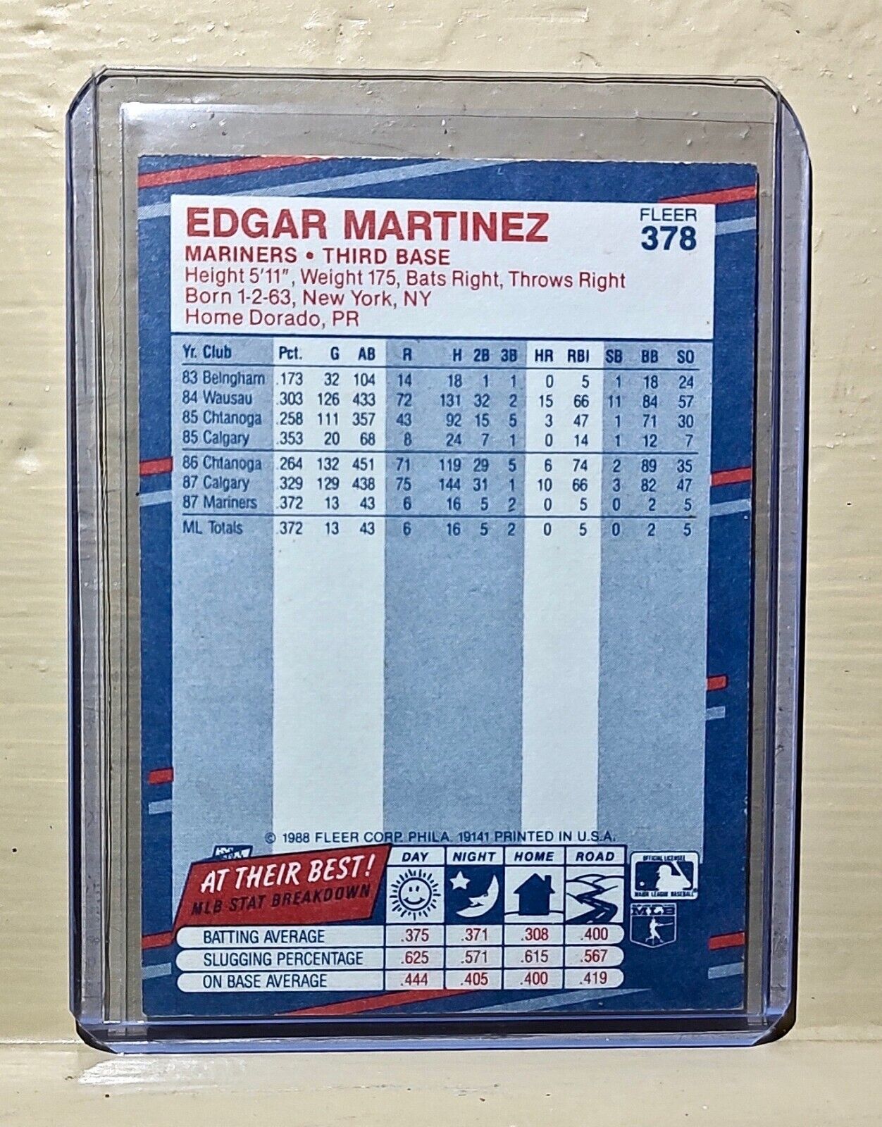 Edgar Martinez 1988 Fleer MLB #378 Baseball Card Seattle Mariners