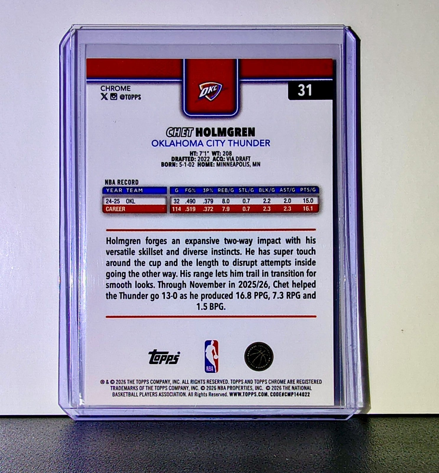 Chet Holmgren 2025-26 NBA Topps Chrome Update #31 Card Oklahoma City Thunder