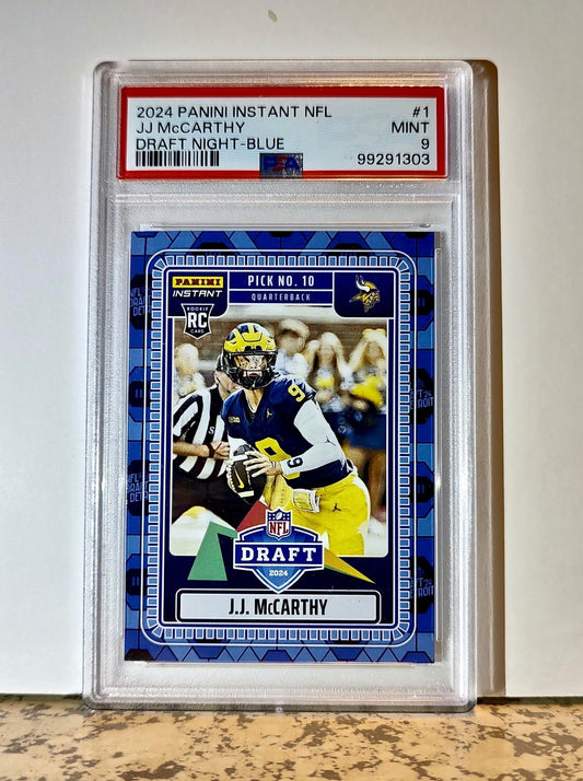JJ McCarthy Rookie 2024 Panini NFL Draft Night Blue Football Card 2/5 SSP PSA 9