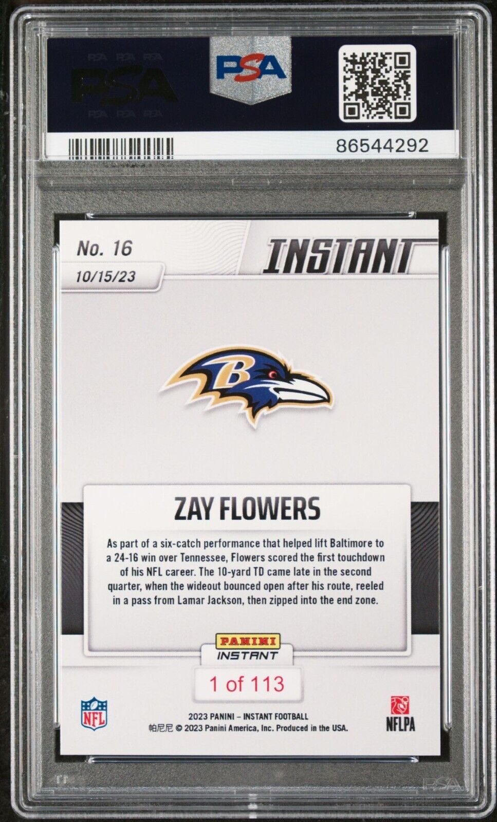 Zay Flowers 2023 Panini NFL Rookie #16 Card 1 of 113 Ravens PSA 9 Mint