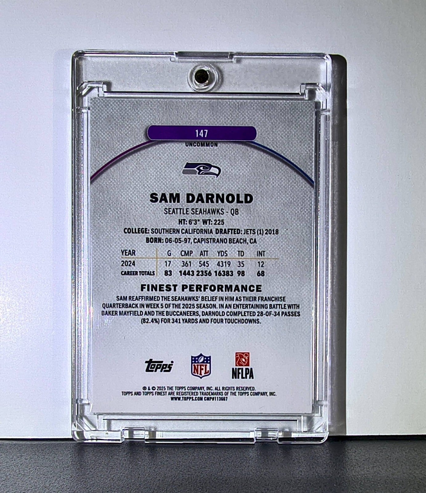 Sam Darnold 2025 Topps Finest Nebula NFL #147 Uncommon Purple Refractor 191/200