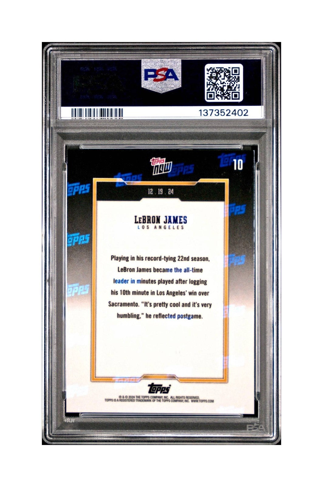 LeBron James 2024 Topps Now #10 All-Time Leader Minutes Played PSA 10 Gem Mint