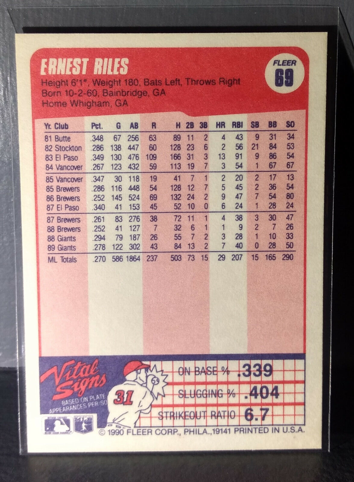 1990 Ernest Riles Fleer Baseball Card #69