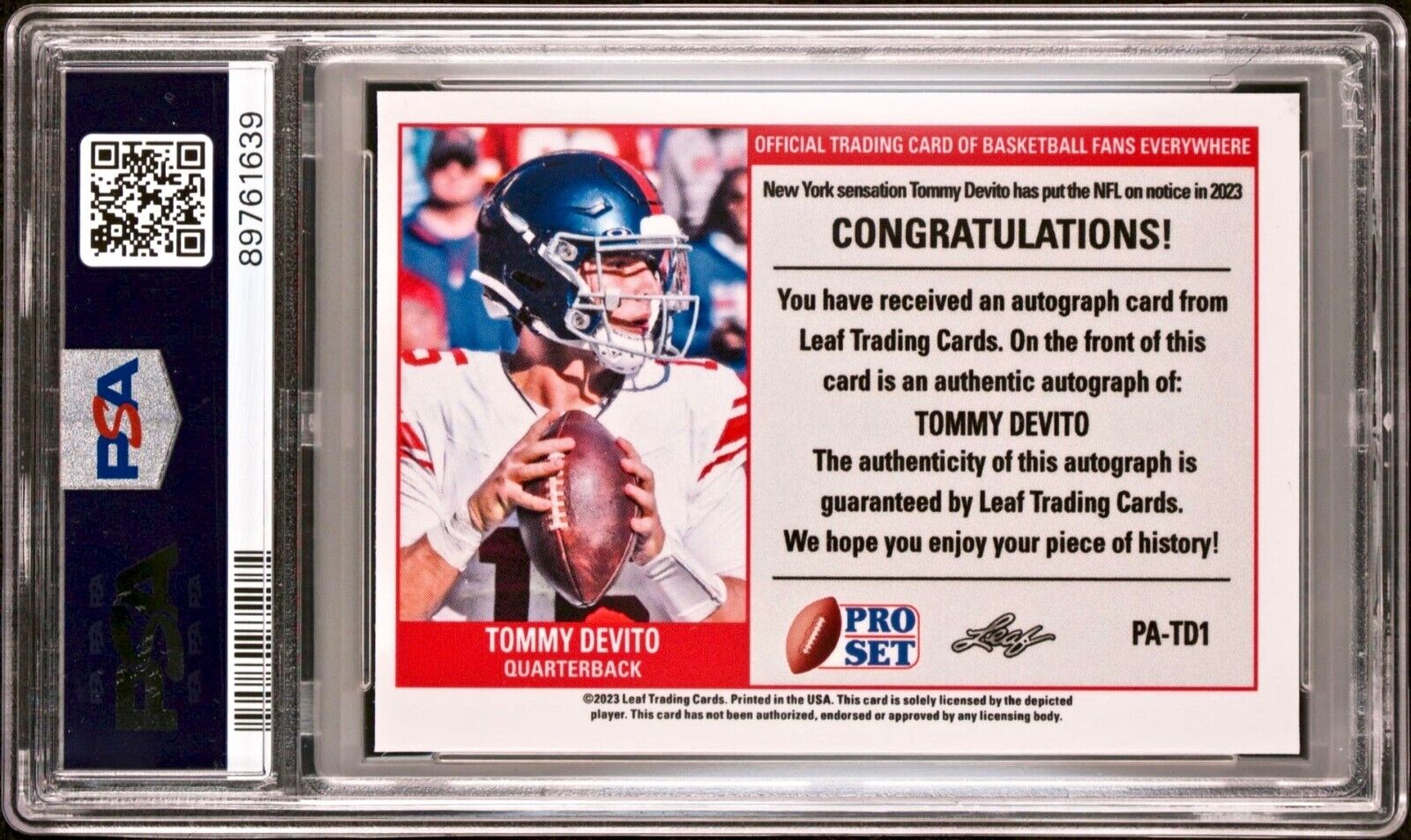 Tommy Devito 2023 Leaf NFL Rookie Autographed #PA-TD1 Card 116 of 246 PSA 9 MINT