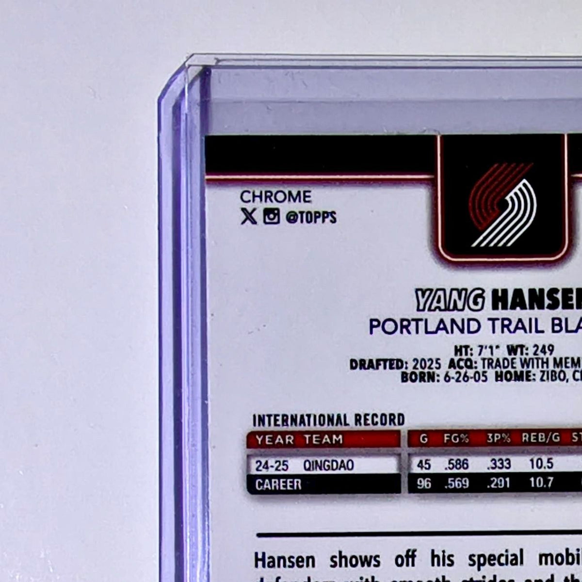 Yang Hansen Rookie 2025-26 NBA Topps Chrome Update #166 Card Trail Blazers