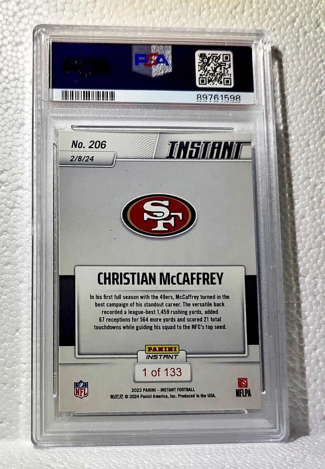 Christian McCaffrey 2023 Panini Offensive Player of the Year #206 Card PSA 8