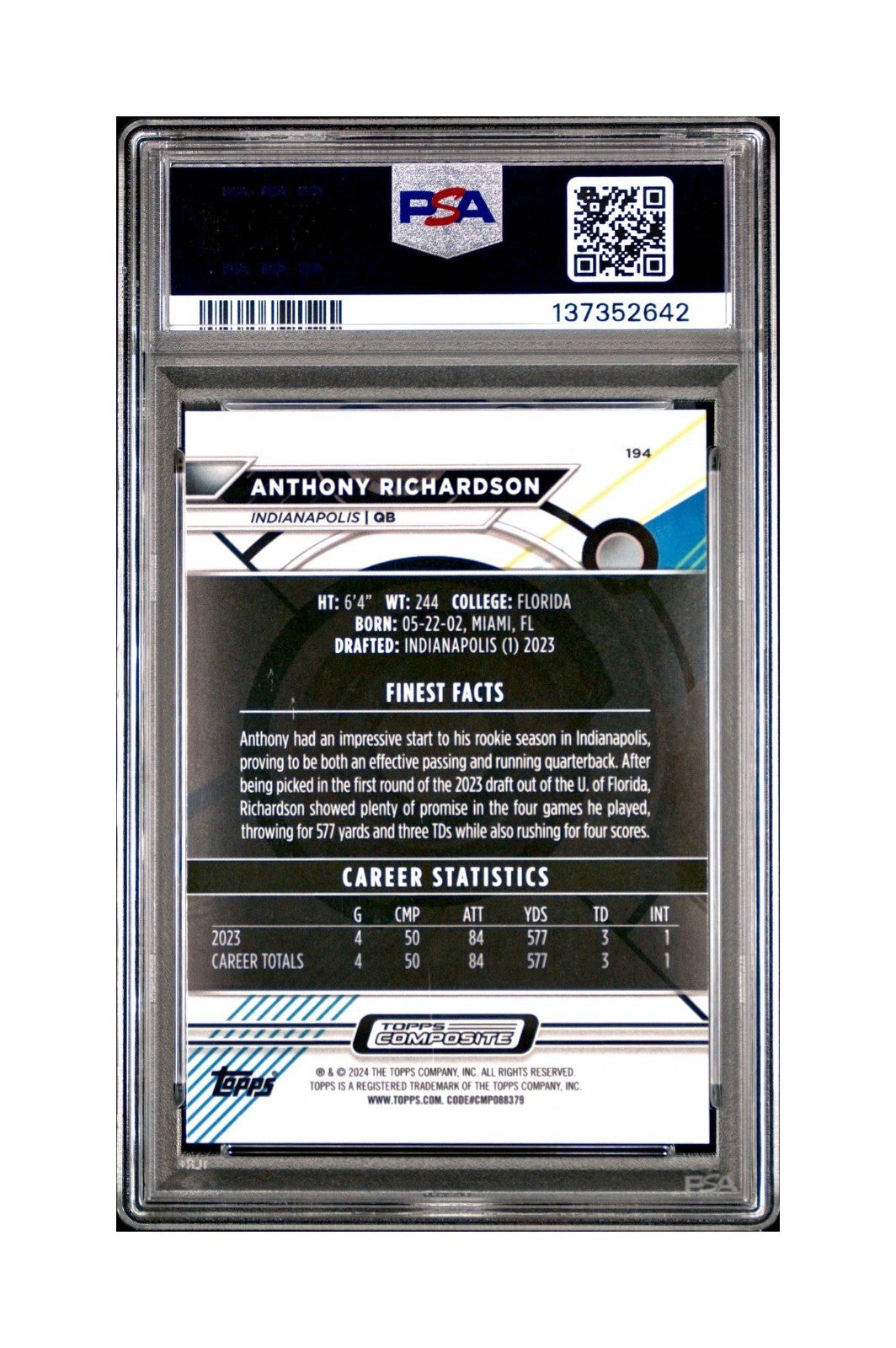 Anthony Richardson 2023 Topps 204/325 Fineest #194 Sky Blue Refractors PSA 10