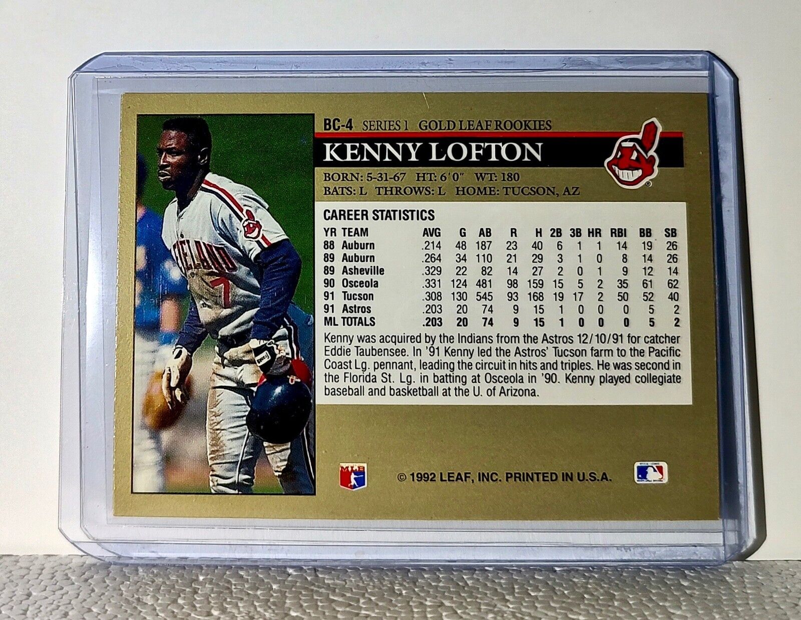 Kenny Lofton 1992 Leaf #BC-4 Gold Leaf Rookies MLB Card Cleveland Indians