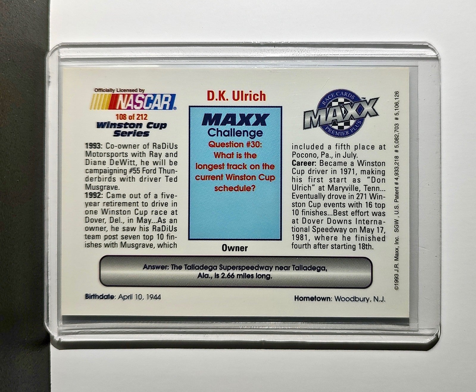 D.K. Ulrich 1993 Maxx Premier Plus Racing #108 NASCAR Card RaDiUs Motorsports