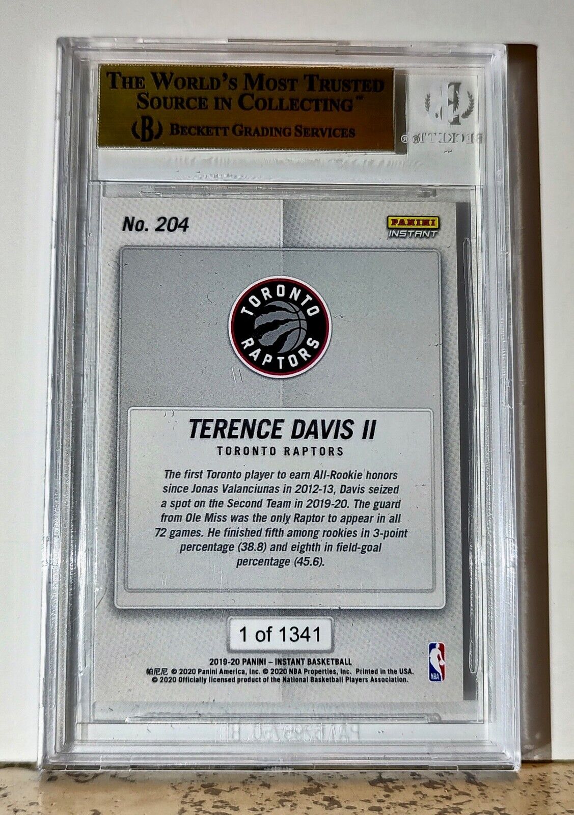 Terence Davis 2019-20 Panini NBA #204 Rookie 1 of 1341 BGS 9.5 Toronto Raptors