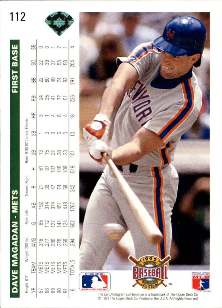 Dave Magadan 1992 Upper Deck MLB #112 Baseball Card New York Mets