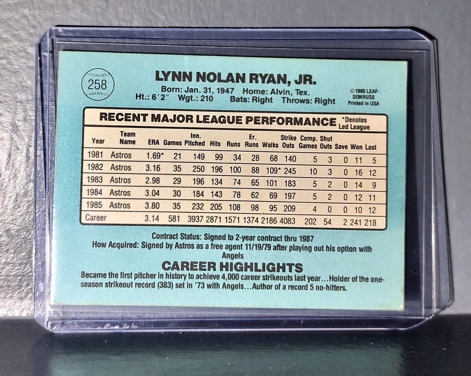 1986 Nolan Ryan Donruss Leaf Baseball Card #258 Astros