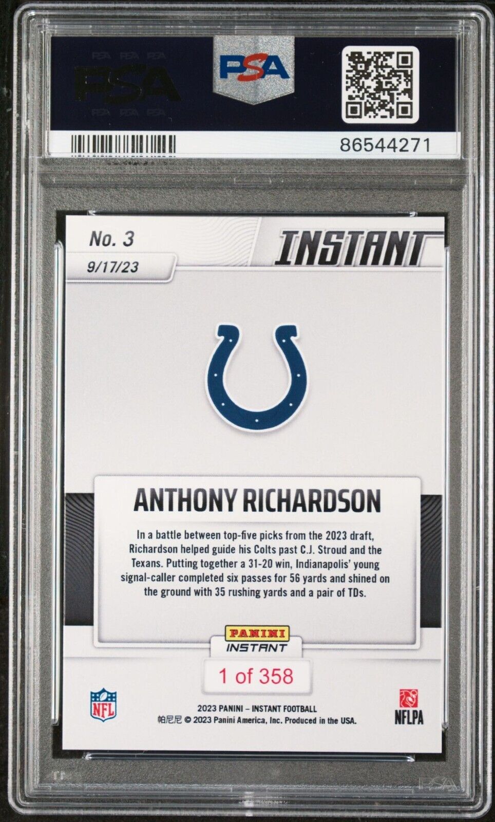 Anthony Richardson 2023 Panini NFL Rookie #3 Card 1 of 358 Colts PSA 9 Mint