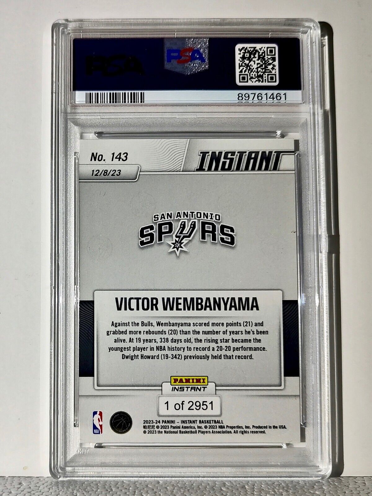 Victor Wembanyama 2023-24 Panini #143 NBA Rookie Basketball Card 1 of 2951 PSA 9