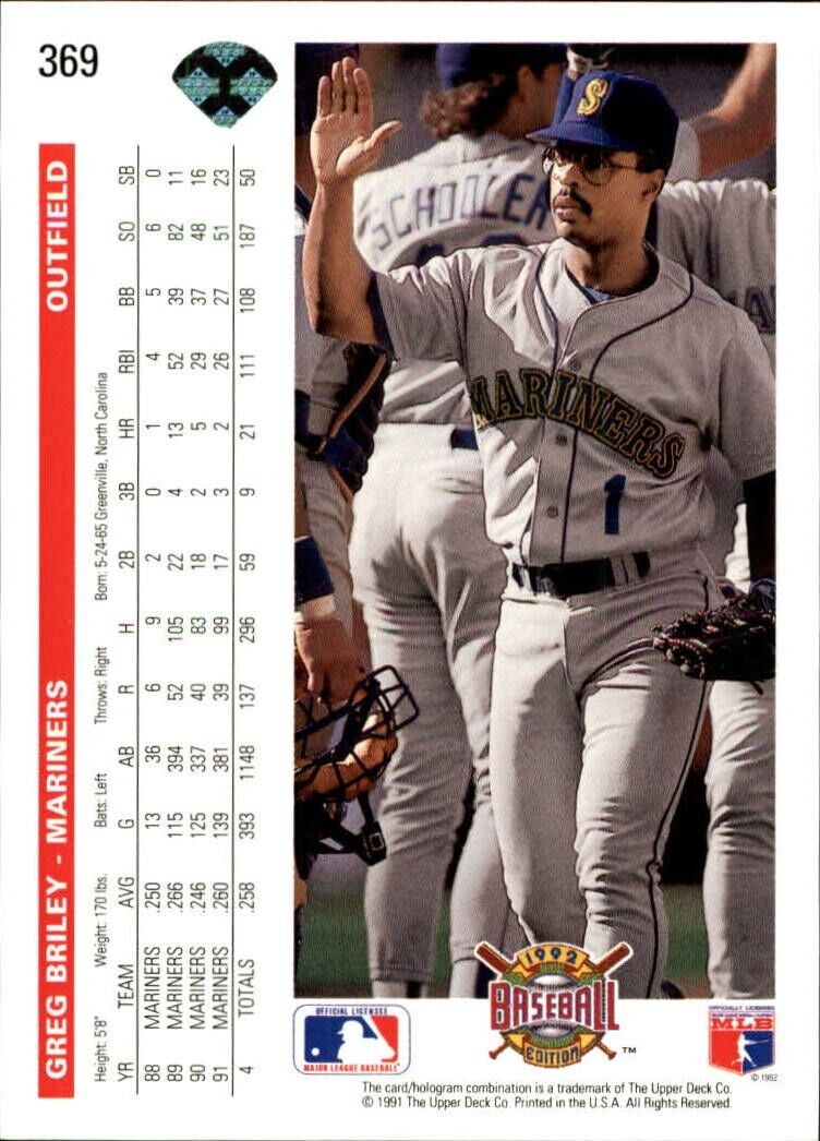 Greg Briley 1992 Upper Deck MLB #369 Baseball Card Seattle Mariners