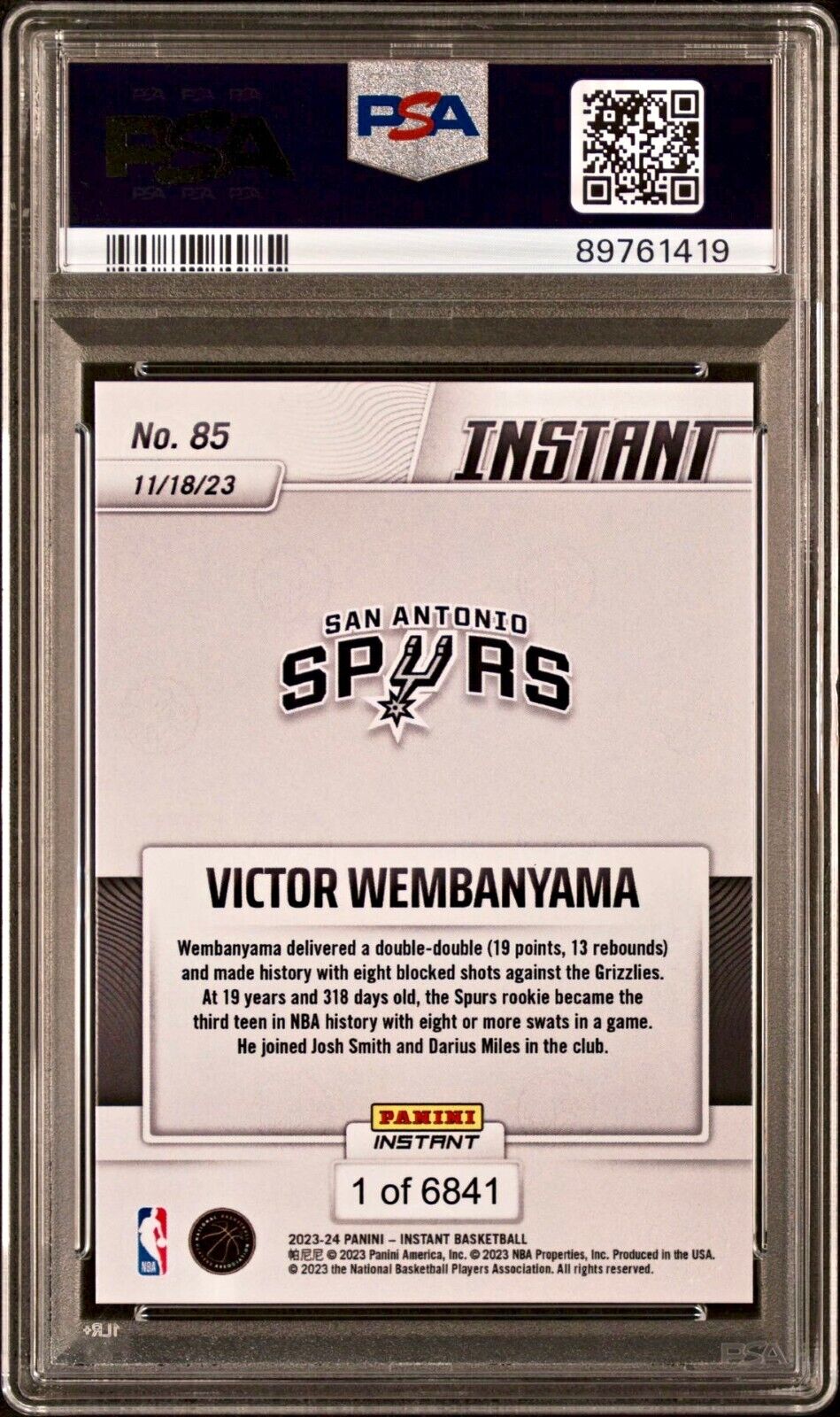 Victor Wembanyama 2023-24 Panini #85 NBA Rookie Card 1 of 6841 PSA 8 Near-Mint