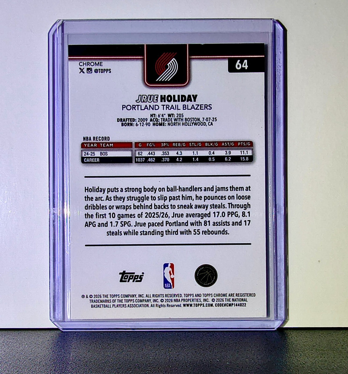 Jrue Holiday 2025-26 NBA Topps Chrome Update #64 Card Portland Trail Blazers