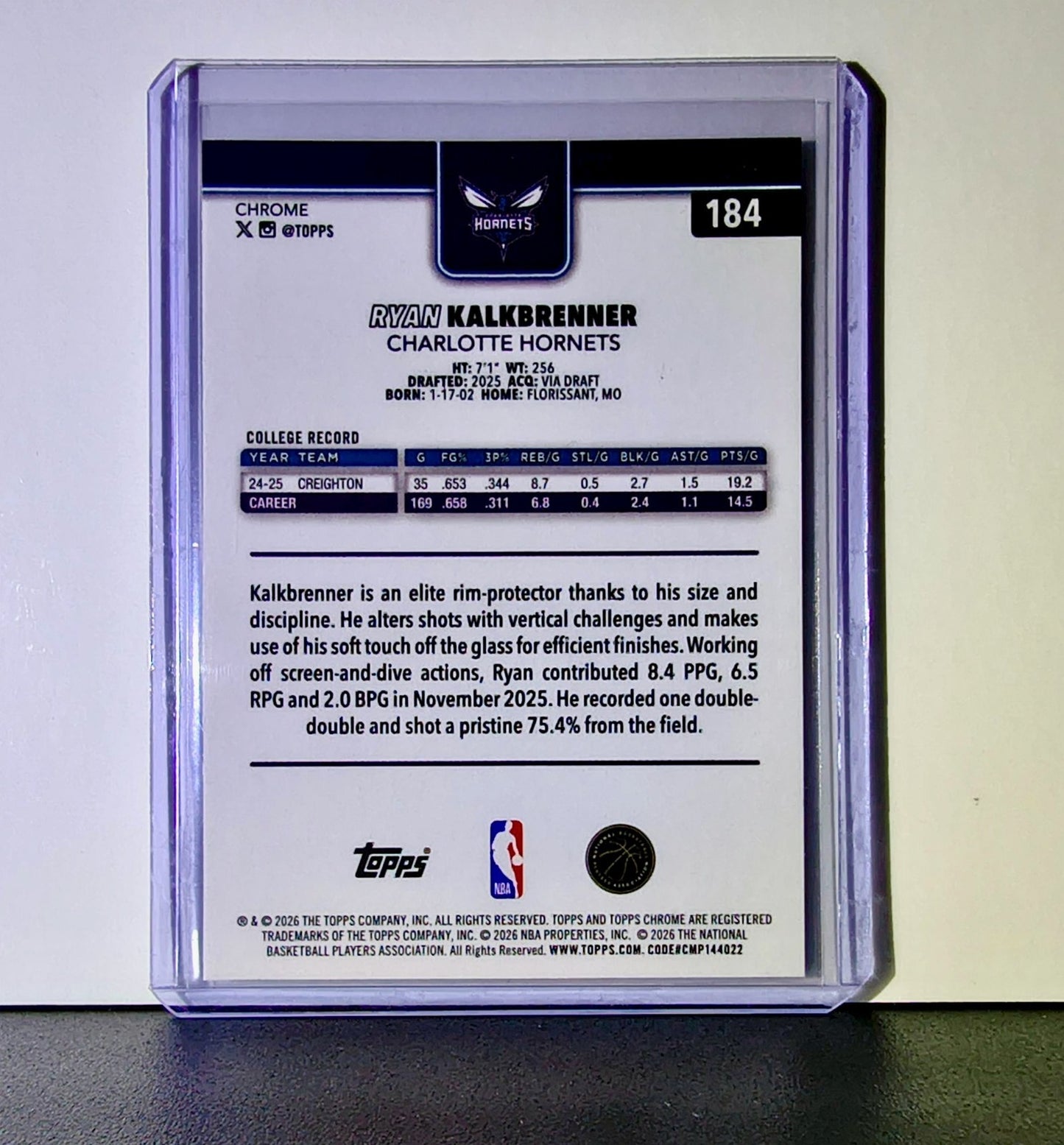 Ryan Kalkbrenner Rookie 2025-26 NBA Topps Chrome Update #184 Card Hornets