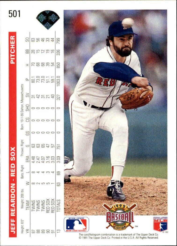 Jeff Reardon 1992 Upper Deck MLB #501 Baseball Card Boston Red Sox