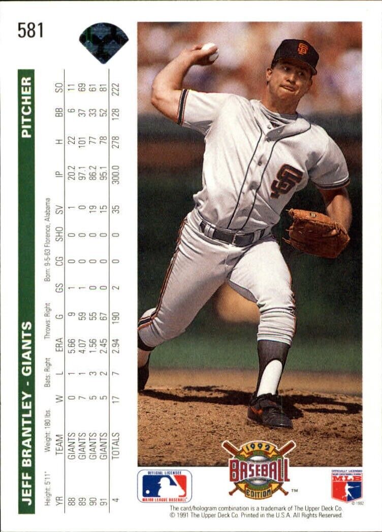 Jeff Brantley 1992 Upper Deck MLB #581 Baseball Card San Francisco Giants