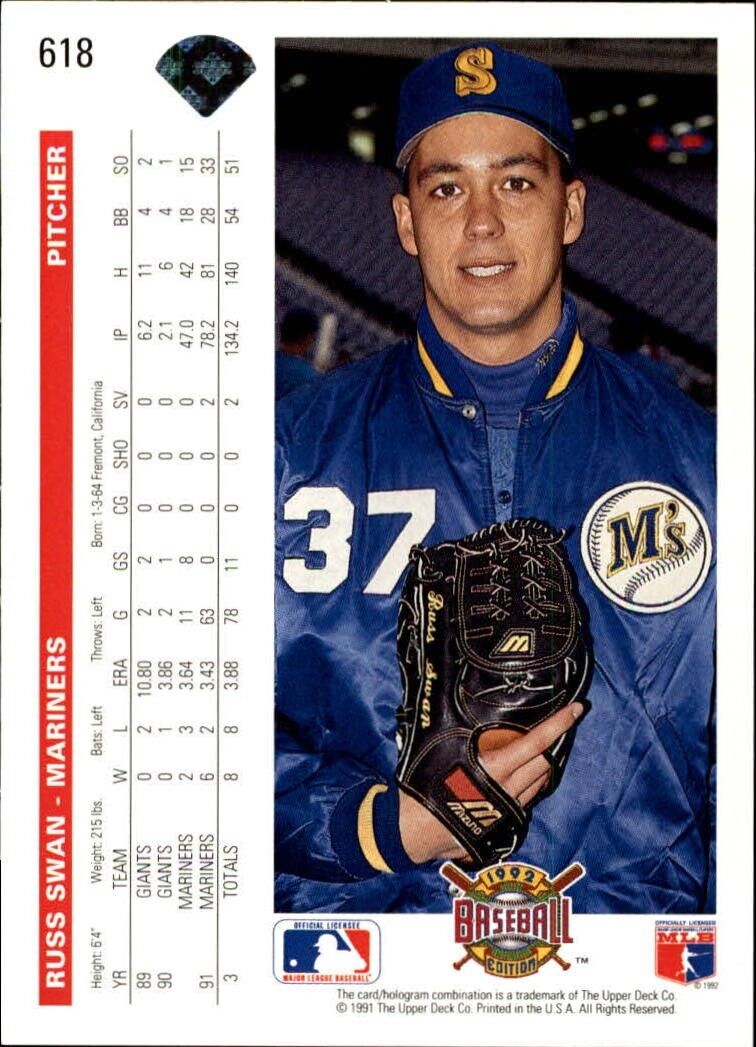 Russ Swan 1992 Upper Deck MLB #618 Baseball Card Seattle Mariners