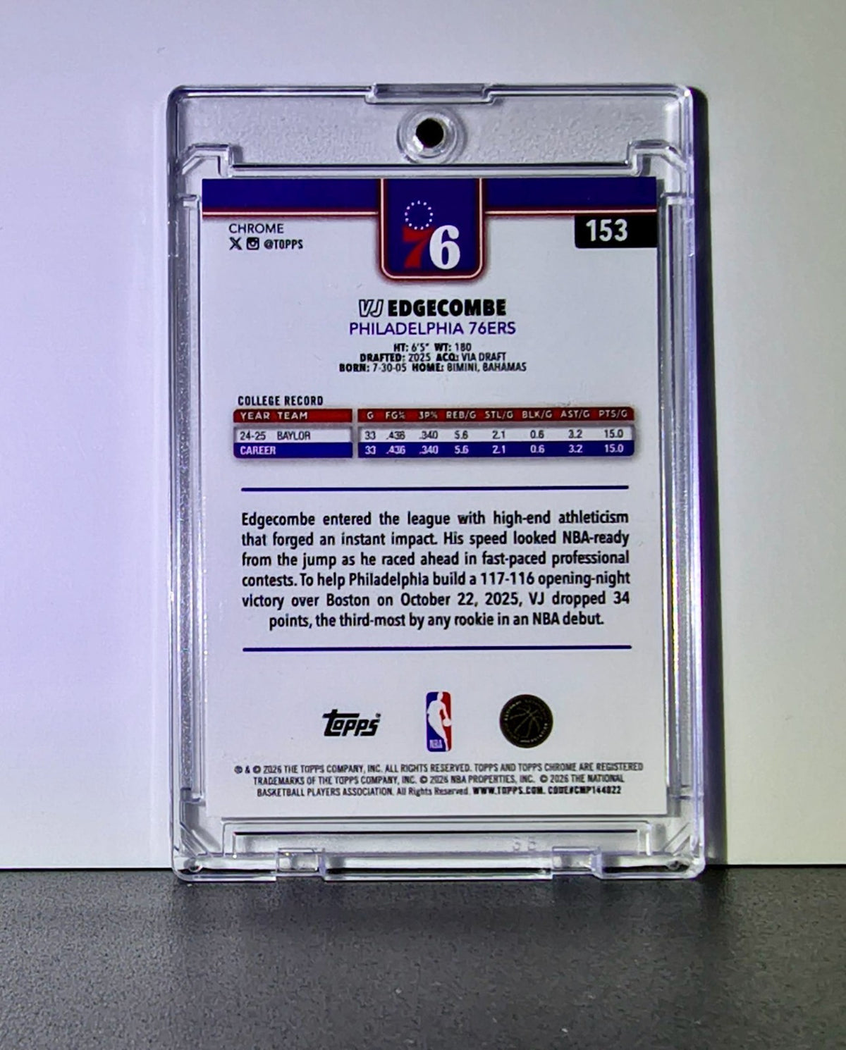 VJ Edgecombe Rookie 2025-26 NBA Topps Chrome Update #153 Basketball Card 76ers
