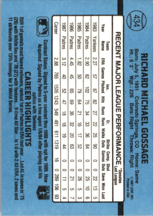 1988 Rich Gossage Donruss Baseball Card #434