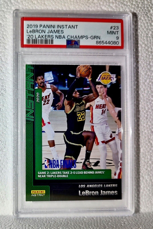 LeBron James 2020 Panini LA Lakers NBA Champions #23 Green Card 10/10 PSA 9 Mint