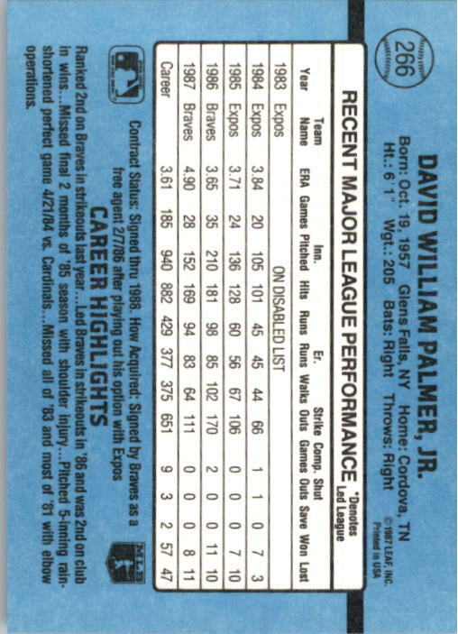 1988 David Palmer Donruss Baseball Card #266
