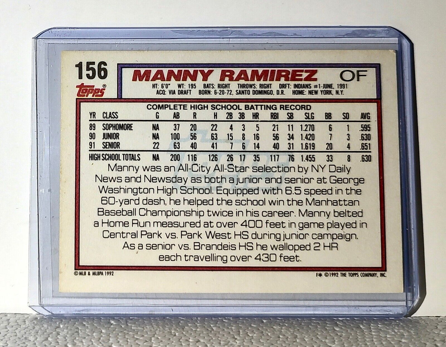 Manny Ramirez 1992 Topps MLB #156 Draft Baseball Card Cleveland Indians