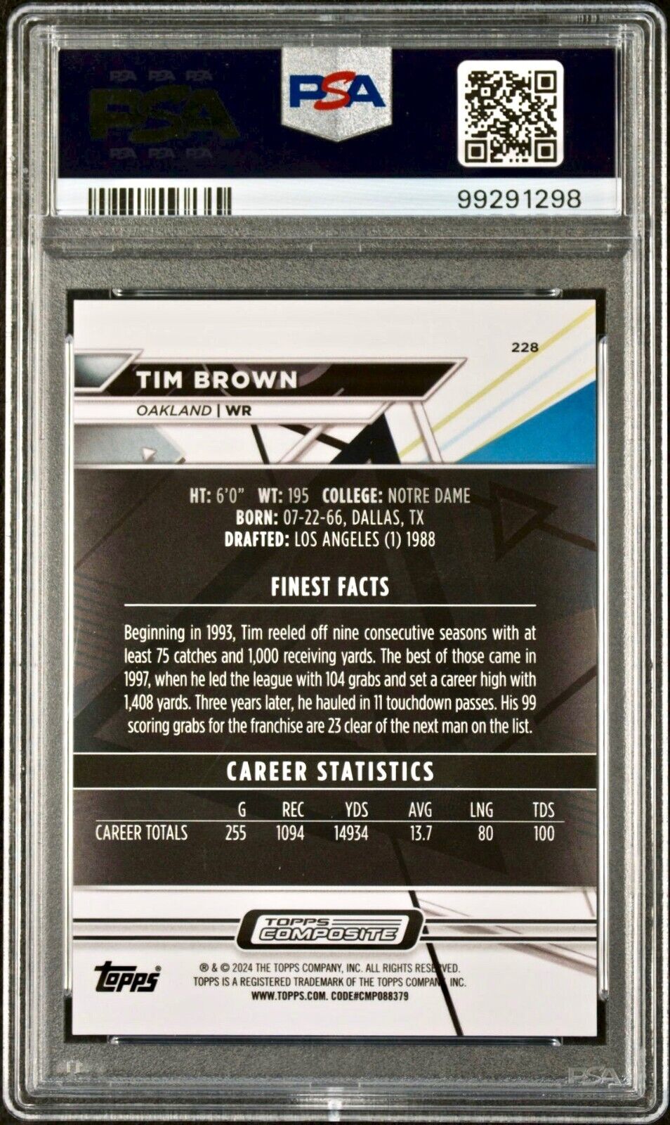 Tim Brown 2023 Topps Finest NFL #228 Blue Refractor 062/150 Football Card PSA 10