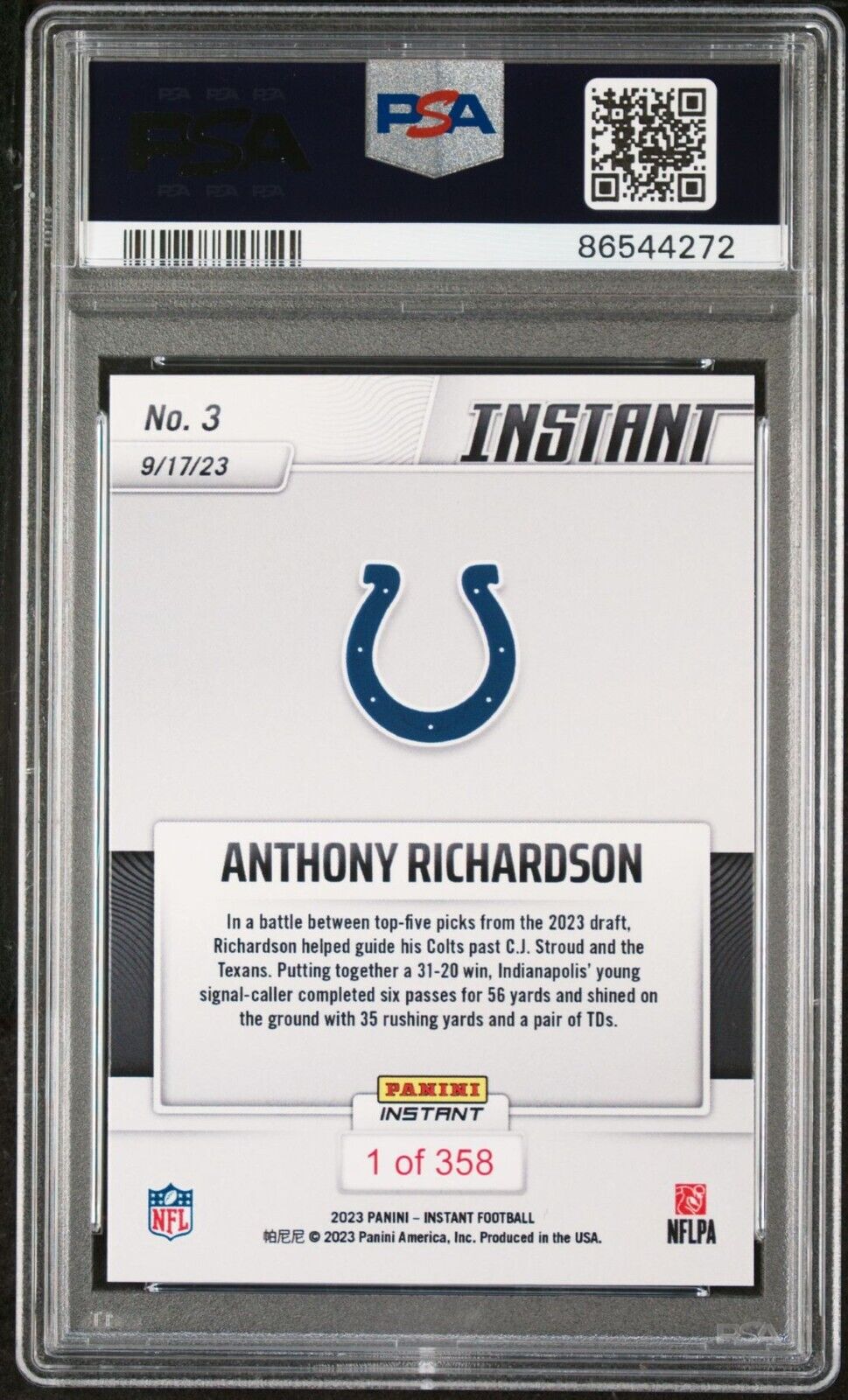 Anthony Richardson 2023 Panini NFL Rookie #3 Card 1 of 358 Colts PSA 9 Mint