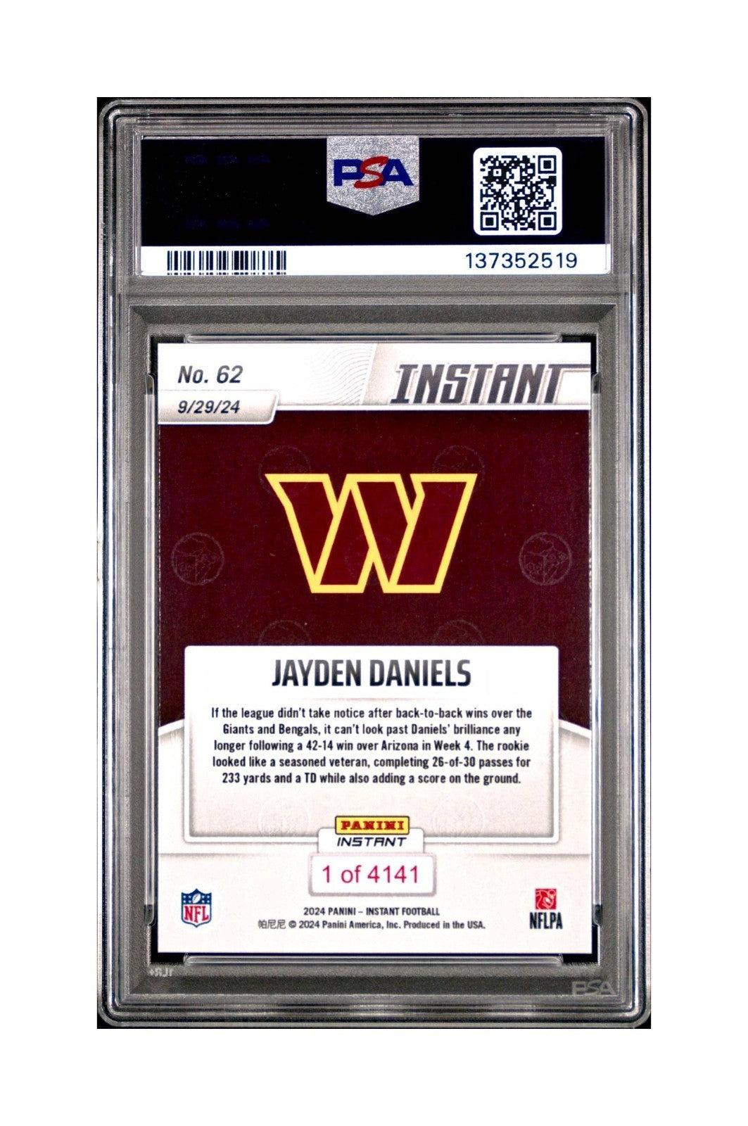 Jayden Daniels Rookie 2024 Panini Instant NFL #62 PSA 10 Gem Mint
