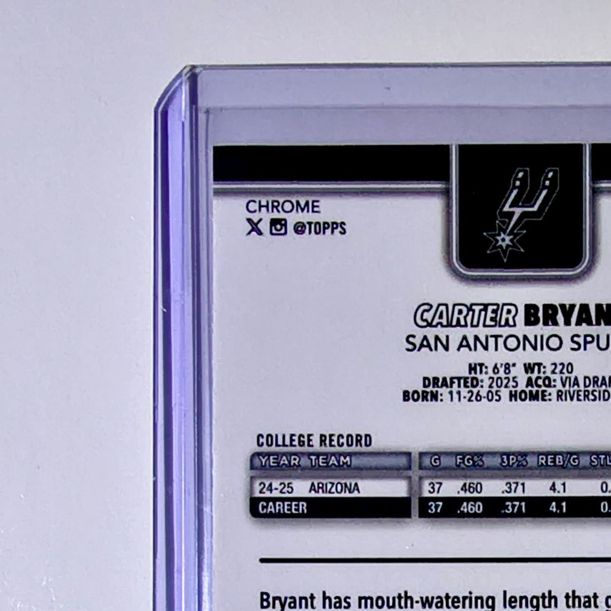 Carter Bryant Rookie 2025-26 NBA Topps Chrome Update #164 Card San Antonio Spurs