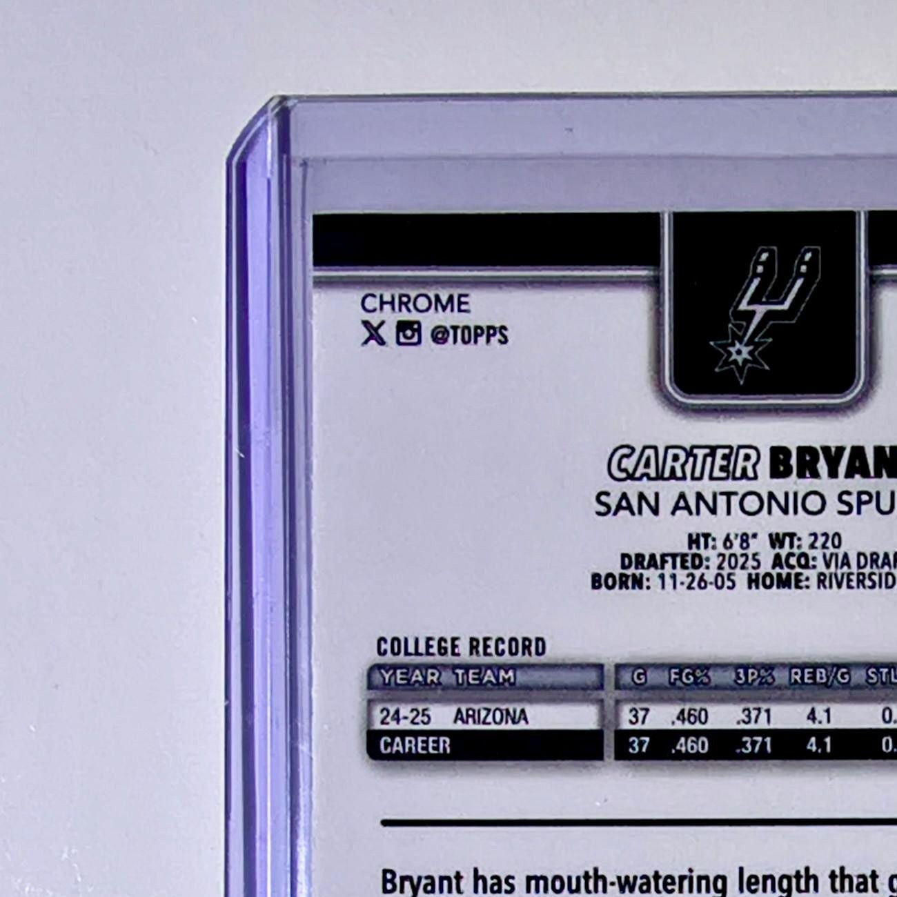 Carter Bryant Rookie 2025-26 NBA Topps Chrome Update #164 Card San Antonio Spurs