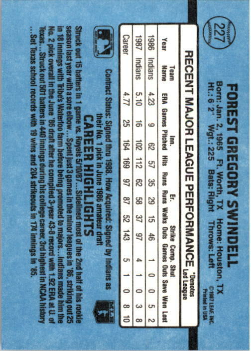 1988 Greg Swindell Donruss Baseball Card #227