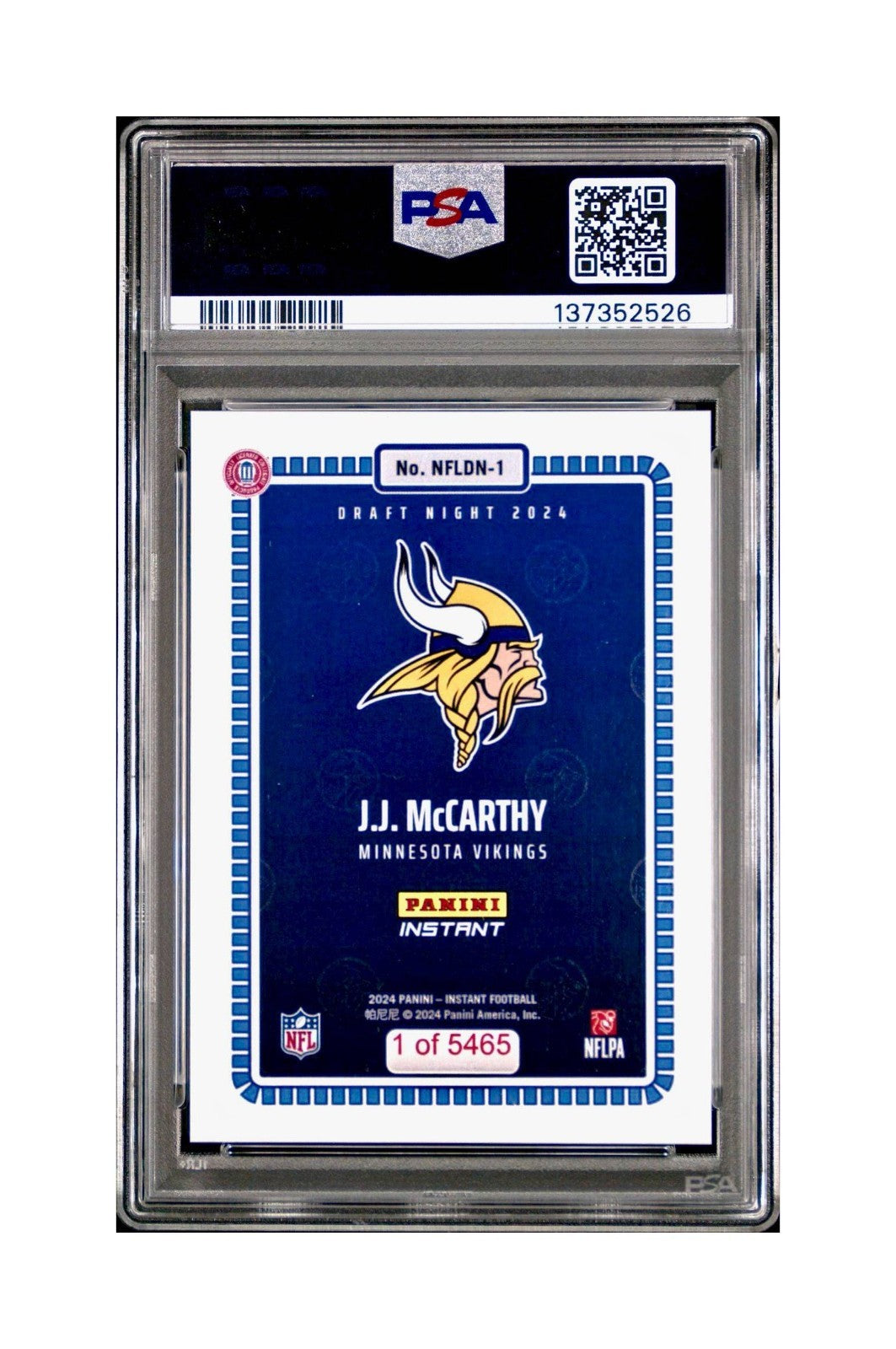 J.J. McCarthy 2023 Panini Instant Draft Night #NFLDN-1 PSA 9 Mint