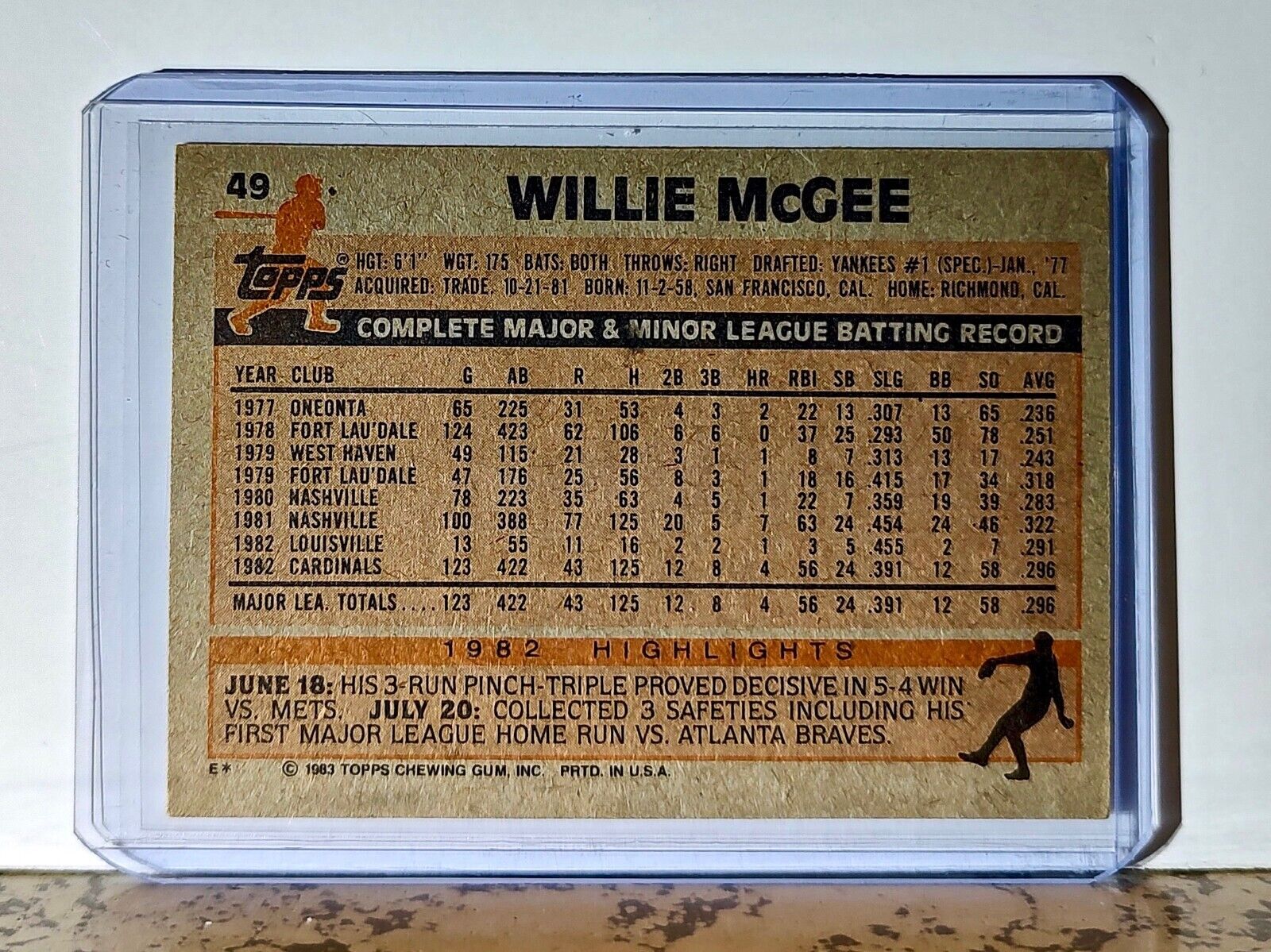 Willie McGee 1983 Topps MLB #49 Baseball Card St. Louis Cardinals