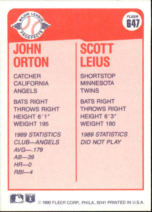 1990 John Orton / Scott Leius Fleer Baseball Card #647