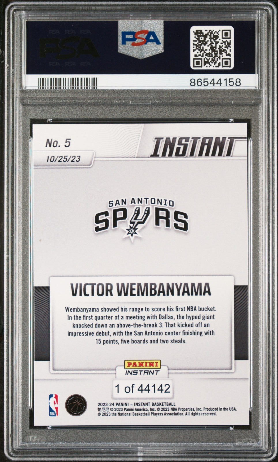 Victor Wembanyama 2023-24 Panini #5 NBA Rookie Basketball Card Spurs PSA 9 Mint