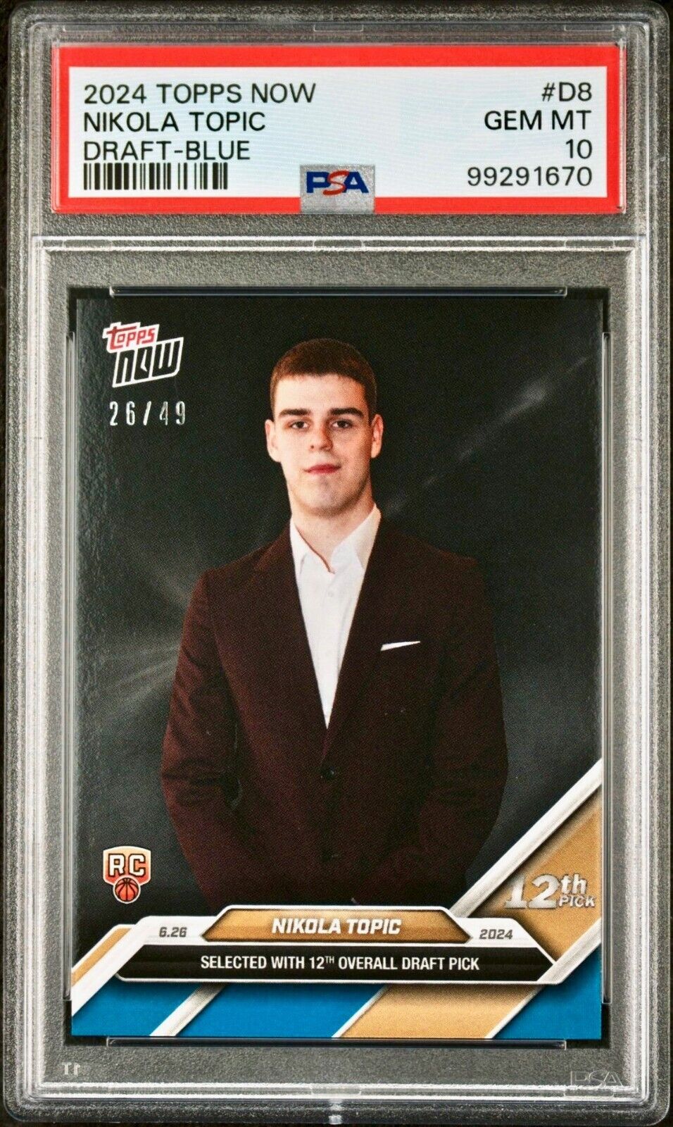 Nikola Topic 2024 Topps Now Draft Night NBA D-8 Rookie Parallel 26/49 PSA 10 Gem