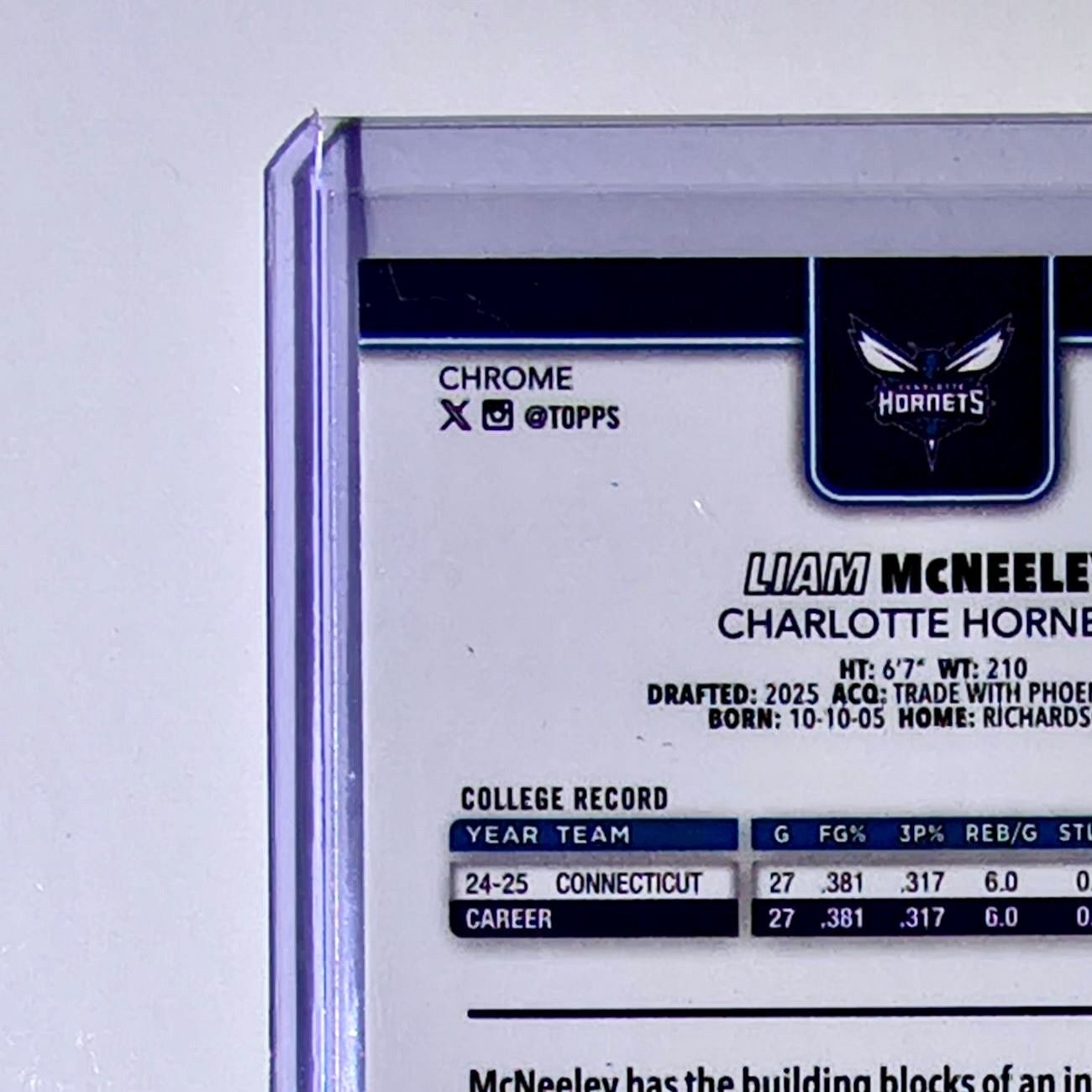 Liam McNeeley Rookie 2025-26 NBA Topps Chrome Update #179 Card Charlotte Hornets